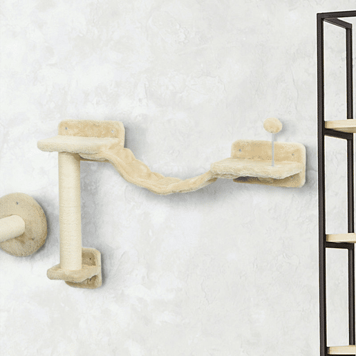 PawHut Prateleiras de Escalada para Gatos de Parede Conjunto de Prateleiras para Gatos 4 Peças com Rede Bola Plataformas de Saltar Poste de Sisal e Escada 84,5x19x54 cm Bege
