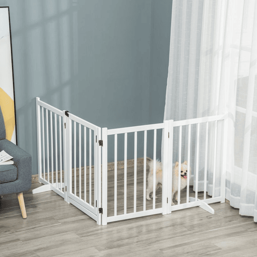 PawHut Barreira para Cães Dobrável Barreira para Cães Pequenos e Médios de 4 Painéis com Porta Barreira de Segurança em Madeira para Escadas e Corredores 237,5x36x80 cm Branco