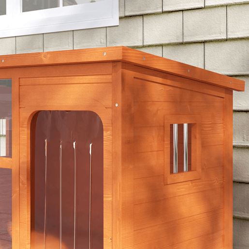 PawHut Casa para Cães de Exterior Casota para Cães Pequenos Médios com Teto Asfáltico 2 Janelas Porta com Cortina Transparente e Base Amovível 90x62x71 cm Madeira