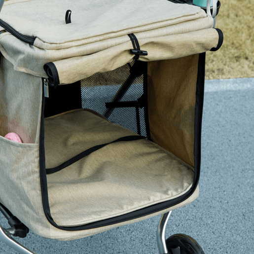 PawHut Carrinho para Cães Dobrável, Carrinho para Cães Pequenos e Séniores, Até 10 kg, Rodas com Travões 360º, Estrutura de Alumínio, Trela de Segurança, Almofada Lavável e Janelas, Bege