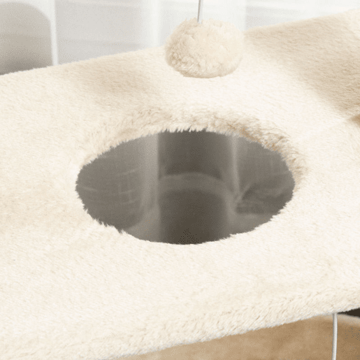 PawHut Arrador para Gatos Arranhador para Gatos Altura 76 cm com 4 Postes de Arranhar Cama Plataforma em U Almofada para Arranhar Bolas Suspensas Bege e Castanho Claro