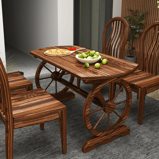 Outsunny Mesa de Jardim de Madeira Mesa de Exterior 120x63x70 cm com Pernas em Forma de Roda Orifício para Chapéu de Sol e Desenho em Ripas Carga 50 kg para Pátio Madeira Carbonizada