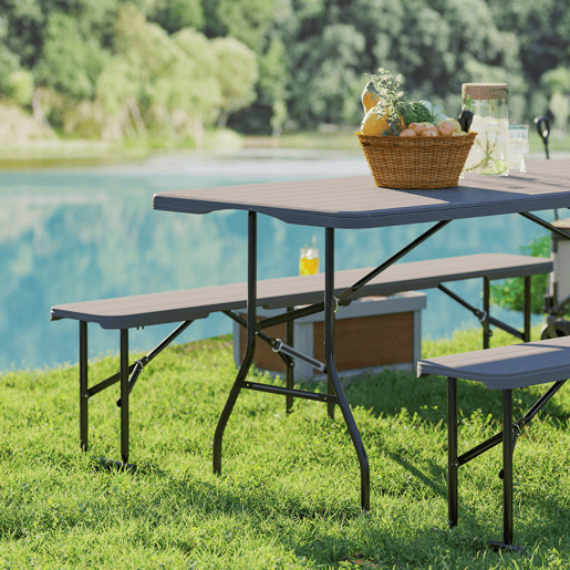 Outsunny Conjunto de Campismo Dobrável de 3 Peças Mesa Dobrável Campismo com Bancos Inclui 1 Mesa 180x74x74 cm e 2 Bancos 182x28x42 cm Efeito Madeira para Acampamentos Jardim Piquenique Marrom