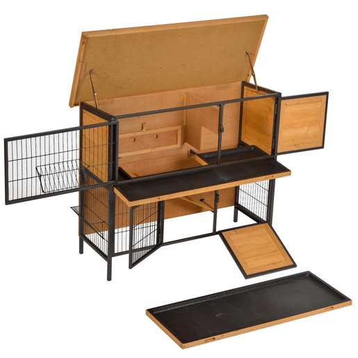 PawHut Gaiola para Coelhos de Madeira de 2 Níveis com Teto Asfáltico Rebatível Portas com Fechadura Bandejas Extraíveis e Rampa para Exterior 122x50x101 cm Madeira e Preto