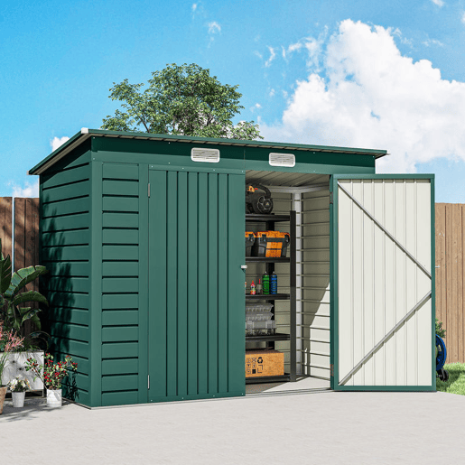 Outsunny Abrigo de Jardim 2,7m² 249x121x183 cm Abrigo de Exterior com Porta Dupla 2 Ventilaç4oes e Trava Abrigo para Pátio Verde