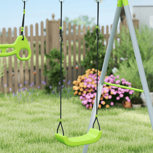 AIYAPLAY Baloiço para Crianças de +3 Anos 3 em 1 Baloiço para Jardim Exterior com Baloiço Anéis de Ginástica e Tenda Estrutura Metálica Verde