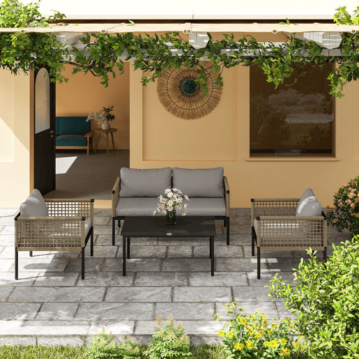 Outsunny Conjunto de Jardim de Vime Sintético de 4 Peças Móveis de Exterior Inclui 1 Sofá Duplo 2 Cadeiras e Mesa de Centro com Almofadas Madeira e Cinzento