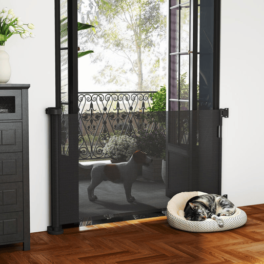 PawHut Barreira de Segurança para Cães Retrátil 0-136 cm Barreira para Cães Pequenos Extensível com Botão de Fecho Porta de Segurança para Corredores Escadas Interiores e Exteriores Preto