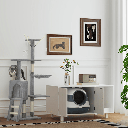PawHut Caixa de Areia para Gatos Dobrável Caixa de Areia para Gatos Fechada Caixa de Areia para Gatos com Pá 52x41x38 cm Branco e Cinza