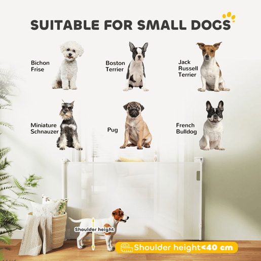 PawHut Barreira para Cães Retrátil 0-144 cm Barreira para Cães Pequenos Extensível Barreira de Segurança para Animais de Estimação com Fecho para Escadas Portas Corredores Branco