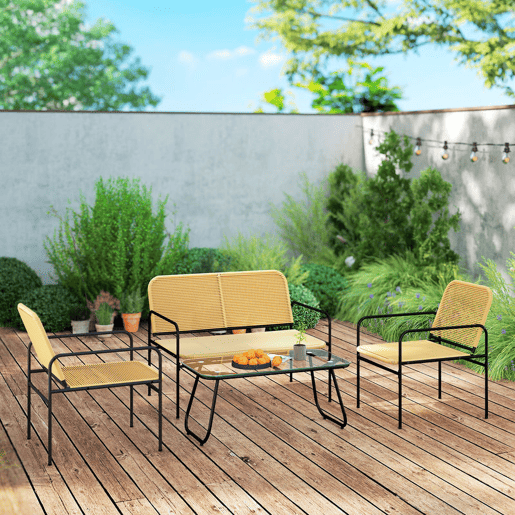 Outsunny Conjunto de Jardim em Vime Conjunto de Varanda Resistente às Intempéries com 2 Poltronas Sofá de 2 Lugares e Mesa com Bancada em Vidro Temperado Madeira e Preto