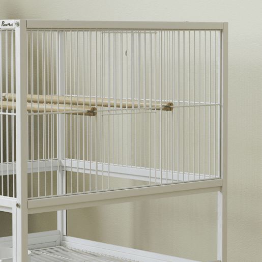 PawHut Gaiola para Pássaros Gaiola Grande com Rodas Painéis Acrílicos Comedouros Poleiros Prateleira Bandeja Amovível Gaiola para Papagaios Canários 48x46x83 cm Branco