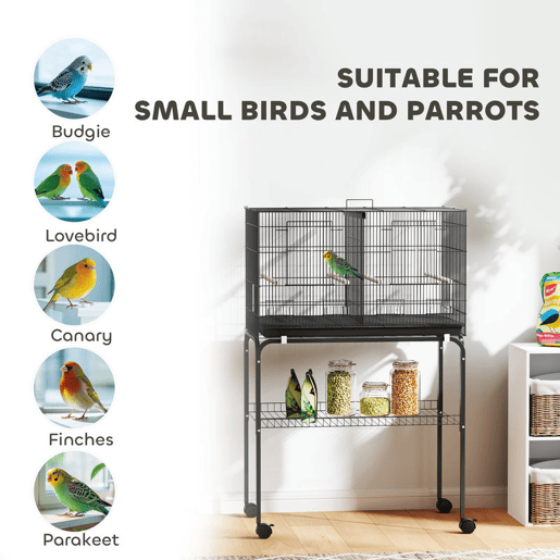 PawHut Gaiola para Pássaros com Divisória Gaiola com Rodas para Aves Papagaios Canários Gaiola para Aves com Comedouros Poleiros e Bandeja Removível, 76x46x116 cm Preto