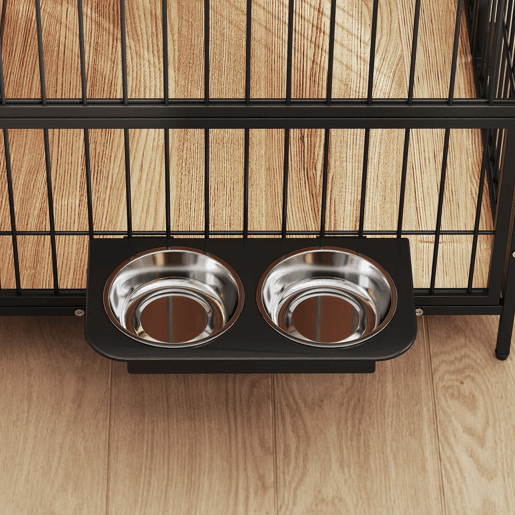 PawHut Gaiola para Cães Mesa Auxiliar Moderna Casa para Animais de Estimação com Suporte Giratório com 2 Tigelas 2 Portas e Bancada para Cães Médios 80x56x76,5 cm Madeira e Preto