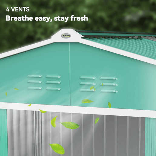 Outsunny Abrigo de Jardim Exterior 4,9 m² 277x195x192cm Abrigo e Jardim Metálico para Armazenamento de Ferramentas com Base Incluída (Chão não Incluído) e 4 Janelas Verde Escuro
