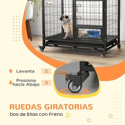 PawHut Gaiola para Cães com Parte Superior Rebatível Suporte de Tigelas Bandeja Amovível Rodas e Porta Dupla 92x62x73 cm Preto