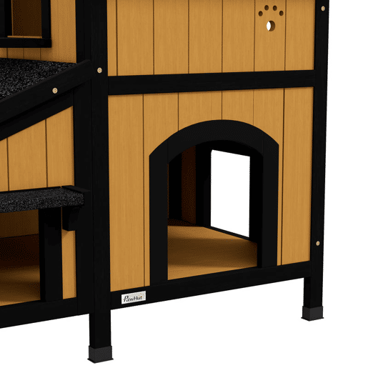 PawHut Casa para Gatos de Madeira com Suporte para Flores 96x65x85,5 cm Casa para Gatos de 2 Níveis com Teto Asfáltico Janela e Múltiplas Entradas Madeira e Preto