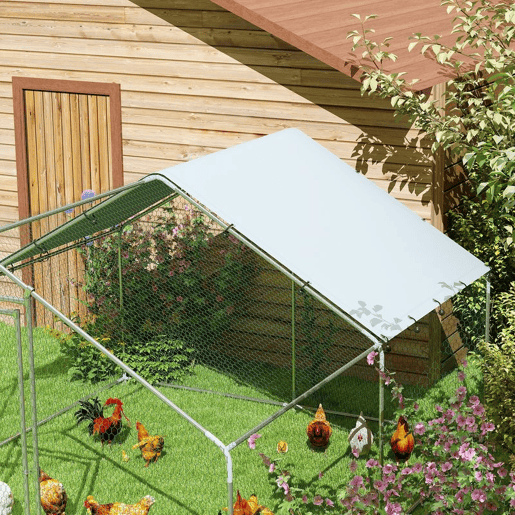 PawHut Galinheiro para Exterior Grande 3x3,4x1,9 m Estrutura em Aço Galvanizado com Porta de Fecho Duplo, Cobertura em Tecido Oxford Anti-UV e Impermeável, Design Acessível para 10-15 Galinhas, Coelhos, Prateado