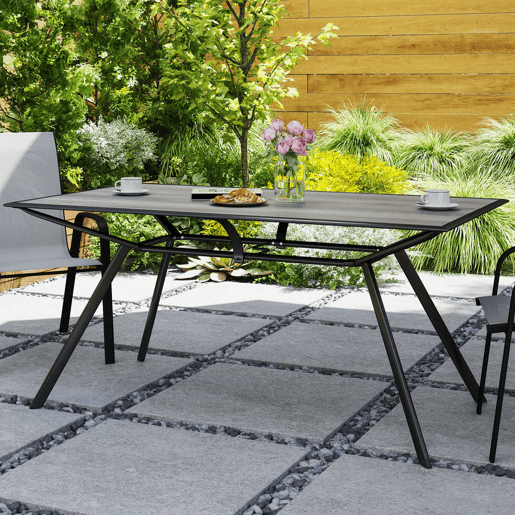 Outsunny Mesa de Jardim Mesa de Refeição Exterior com Bancada Imitação Madeira e Estrutura de Aço Carga 70 kg Mesa Retangular para 6 Pessoas para Pátio 160x90x73 cm Cinza