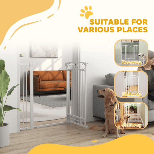 PawHut Barreira de Segurança para Cães Barreira de Segurança para Cães com Largura Ajustável 76-104 cm Barreira de Proteção com 2 Extensões para Escadas e Portas 76-104x104 cm Branco