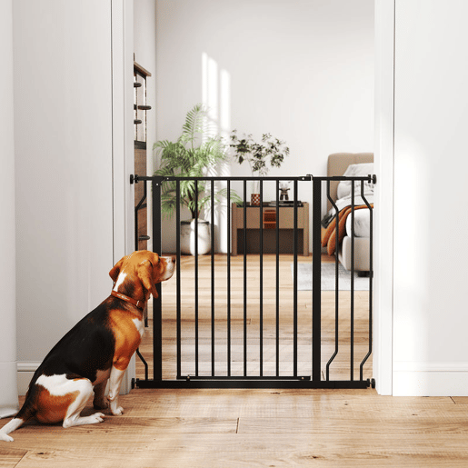 PawHut Barreira de Segurança para Cães Extensível para Escadas e Portas 75-95 cm com 1 Extensões e 10 cm Montagem a Pressão Aço Altura 76 cm Preto