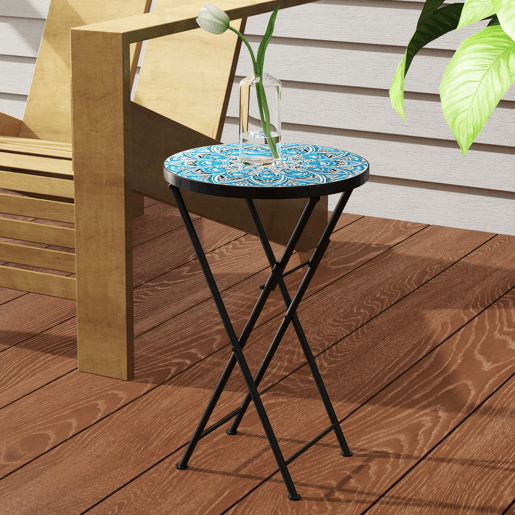 Outsunny Mesa Auxiliar Redonda Mesa de Jardim Dobrável com Bancada em Mosaico e Pés com Almofadas Antiderrapantes Mesa para Exterior Pátio Varanda Ø35,5x55 cm Azul
