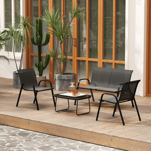 Outsunny Conjunto de Jardim Exterior 4 Peças Móveis para Jardim com 2 Cadeiras Empilháveis 1 Sofá de 2 Lugares e Mesa de Centro com Bancada de Vidro Temperado Preto
