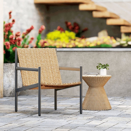 Outsunny Cadeira de Jardim em Vime Individual Cadeira para Exterior Resistente às Intempéries com Apoios de Braços Encosto Inclinado e Estrutura de Aço Carga 120 kg para Pátio Varanda 61x74x81 cm Madeira