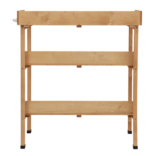 Outsunny Mesa de Plantação em Madeira com 3 Níveis, Mesa de Jardinagem com Placa Metálica, 2 Prateleiras e Ganchos, Resistente às Intempéries, para Jardim, Terraço e Varanda, 76x37x89 cm, Natural