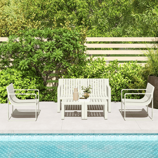Outsunny Conjunto de Jardim 5 Peças Móveis de Exterior com 2 Poltronas 1 Sofá de 2 Lugares e 2 Mesas de Centro Desenho de Ripas Impermeável Anti-UV Branco