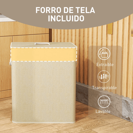HOMCOM Cesto de Roupa com Tampa 100L Cesto para Roupa Suja de Bambu com 2 Compartimentos Bolsa Interior Amóvivel para Lavandaria Casa de Banho 52x32x63 cm Bege e Creme