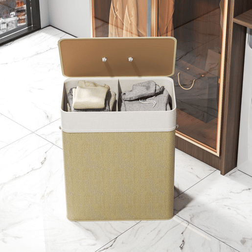 HOMCOM Cesto de Roupa com Tampa 100L Cesto para Roupa Suja de Bambu com 2 Compartimentos Bolsa Interior Amóvivel para Lavandaria Casa de Banho 52x32x63 cm Bege e Creme