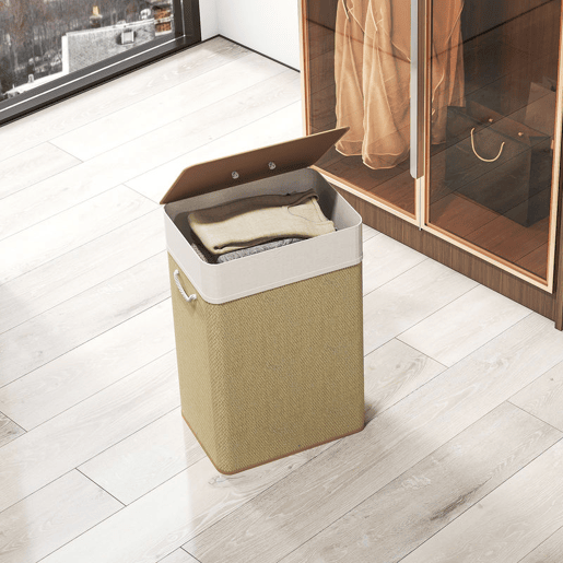 HOMCOM Cesto de Roupa com Tampa 72L Cesto de Roupa de Bambu com Bolsa Interior Removível e Alças para Lavandaria Dormitório 40x30x60 cm Bege e Creme
