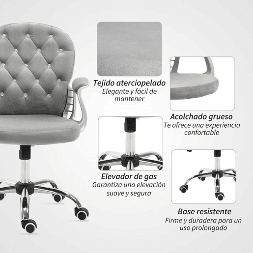 Vinsetto Cadeira de Escritório Estofada em Veludo Cadeira Giratória com Altura Ajustável Apoio para os Braços e Decorações de Cristal Carga 120 kg Cadeira para Estudio Dormitório 59,5x60,5x95-105 cm Cinzenta