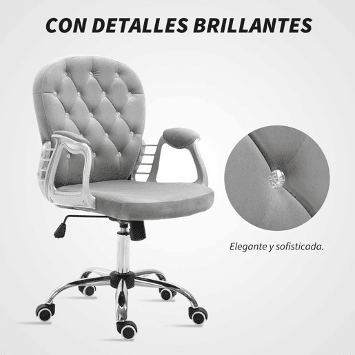 Vinsetto Cadeira de Escritório Estofada em Veludo Cadeira Giratória com Altura Ajustável Apoio para os Braços e Decorações de Cristal Carga 120 kg Cadeira para Estudio Dormitório 59,5x60,5x95-105 cm Cinzenta