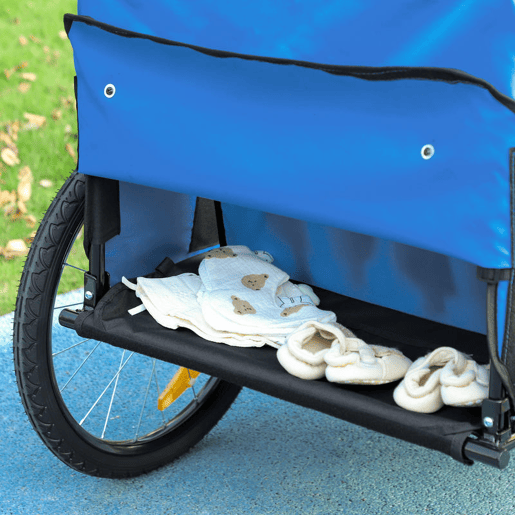 HOMCOM Reboque de Bicicleta para Crianças acima de 18 Meses Reboque de Bicicleta com 2 Lugares com Cinto de Segurança Espaço de Armazenamento e Sistema de Amortecimento 140x88x90 cm Azul