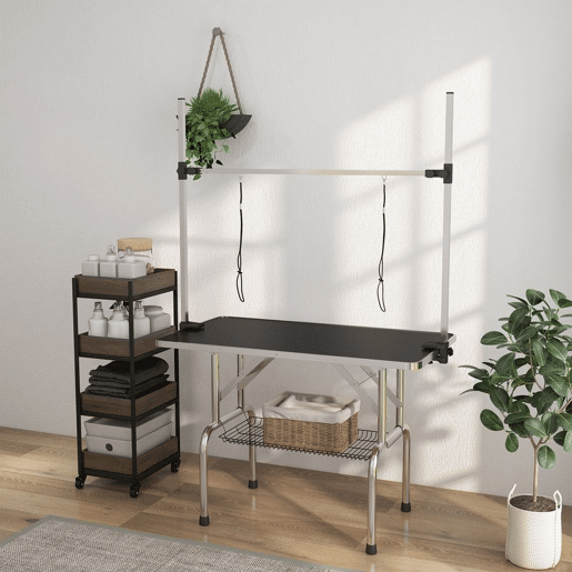 PawHut Mesa de Tosquia para Animais de Estimação Mesa de Tosquia para Cães Dobrável com Prateleira de Armazenamento Estrutura de Aço e Altura Ajustável 20-80 cm 107x60x170 cm Preto