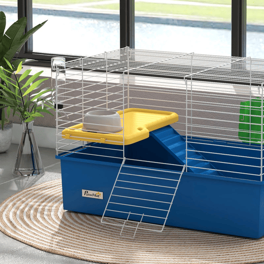 PawHut Gaiola para Visons com Bandeja Inferior Gaiola para Animais Pequenos com Plataforma com Rampa Comedouro e Bebedouro Recinto para Coelhos Pequenos Chinchilas Cobaias 71x46x47 cm Branco e Azul