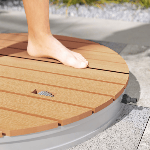 Outsunny Kit de Duche de Jardim Portátil Duche Exterior de Chão Altura Ajustável até 4 m Estrutura de Alumínio Resistente à Água aos Raios UV para Campismo Piscina Praia Ø70,5x7,5 cm Madeira