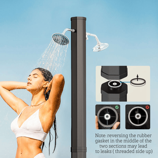 Outsunny Duche de Jardim Solar 35 L Duche Solar Exterior com 2 Cabeçais Giratórios Torneiras para Pés e Água Quente Até 55 °C para Piscina Campismo Pátio 73x18x217 cm Preto