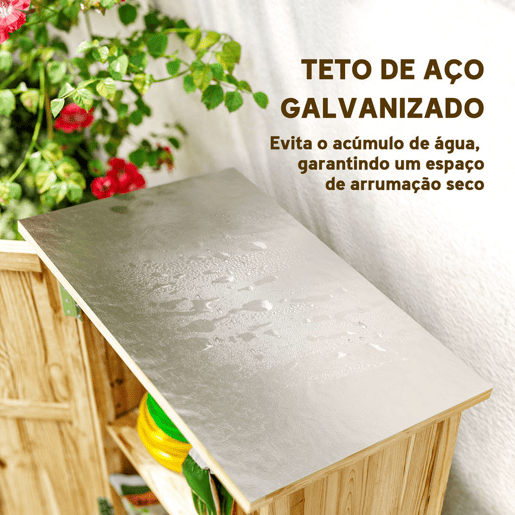 Outsunny Armário de Jardim em Madeira 63,5x40x90 cm Armário de Exterior para Armazenamento de Ferramentas com 2 Prateleiras Porta Estilo Celeiro e Telhado em Aço Galvanizado Madeira