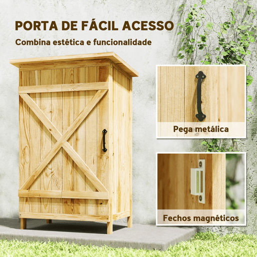 Outsunny Armário de Jardim em Madeira 63,5x40x90 cm Armário de Exterior para Armazenamento de Ferramentas com 2 Prateleiras Porta Estilo Celeiro e Telhado em Aço Galvanizado Madeira