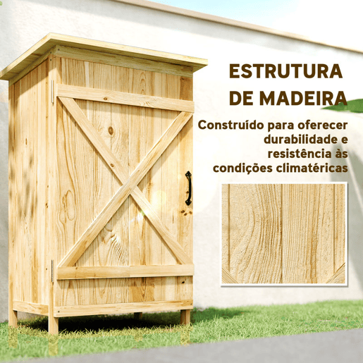 Outsunny Armário de Jardim em Madeira 63,5x40x90 cm Armário de Exterior para Armazenamento de Ferramentas com 2 Prateleiras Porta Estilo Celeiro e Telhado em Aço Galvanizado Madeira