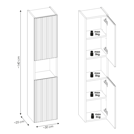 Conjunto móvel lavatório duplo 140cm 4 portas 2 nichos e coluna Riva branco e madeira Conjunto móvel lavatório duplo 140cm 4 portas 2 nichos e coluna Riva branco e madeira