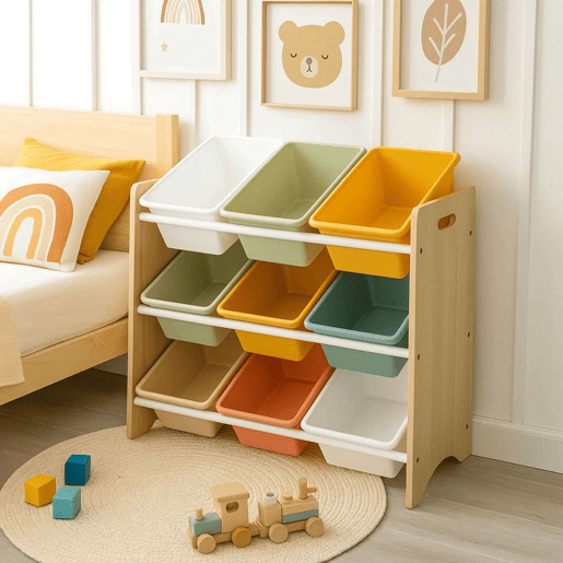 Estante Infantil com 9 Bandejas Play, Móveis Infantis para Quarto e Sala de Jogos, Branco e Carvalho, 60x66x30 cm