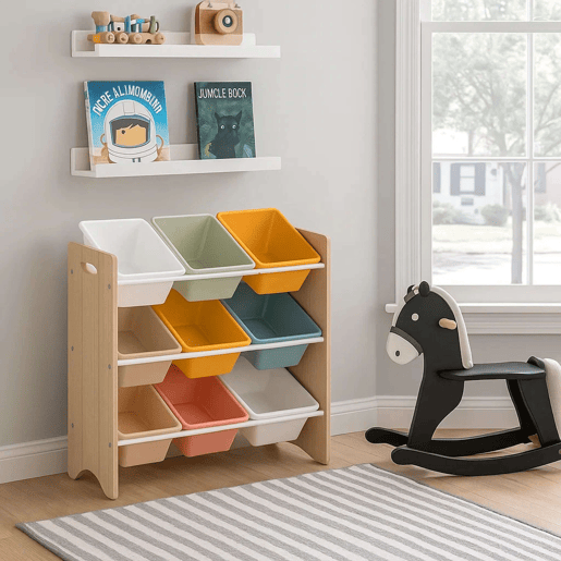 Estante Infantil com 9 Bandejas Play, Móveis Infantis para Quarto e Sala de Jogos, Branco e Carvalho, 60x66x30 cm