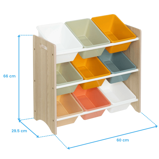 Estante Infantil com 9 Bandejas Play, Móveis Infantis para Quarto e Sala de Jogos, Branco e Carvalho, 60x66x30 cm