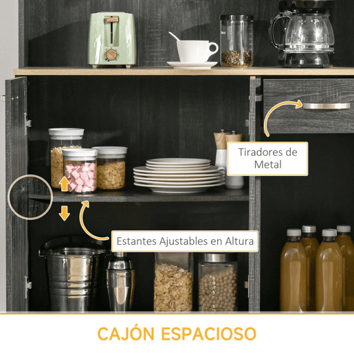 HOMCOM Armário de Cozinha Aparador de Sala de Jantar com 1 Gaveta 6 Portas e Prateleiras Ajustáveis Estilo Moderno 101x39x180 cm Preto e Madeira