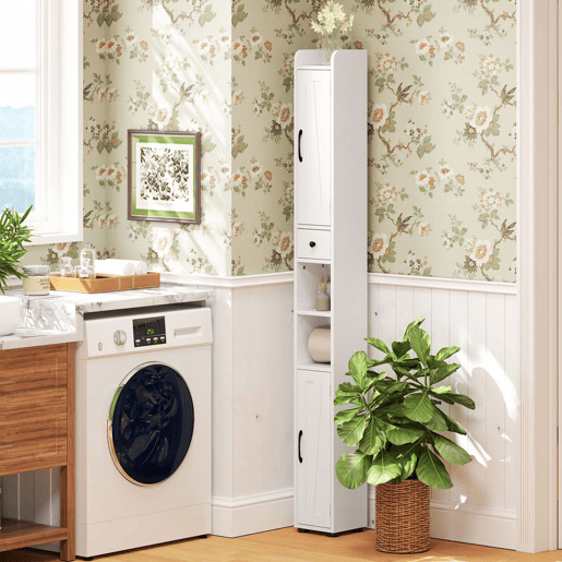 HOMCOM Coluna Casa de Banho Móvel Casa de Banho com 2 Portas gaveta Compartimento Aberto Prateleiras Ajustáveis e Suporte para Papel Higiênico Armário Casa de Banho Rústico 20x20x185 cm Branco