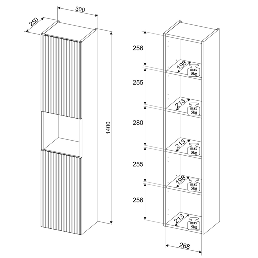 Lavatório duplo 140cm 4 gavetas 2 nichos coluna e 3 armários de parede Verde Jade e Madeira